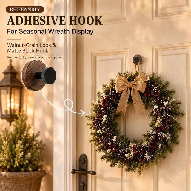 Alt view image 3 of 7 - 3 Pack Wreath Hangers for Front Door, Walnut Color Plastic Adhesive Hooks for Christmas, Fall, Spring Wreaths, Holiday Decor, Towels and Bags, Peel and Stick Hooks for Glass Tile Metal