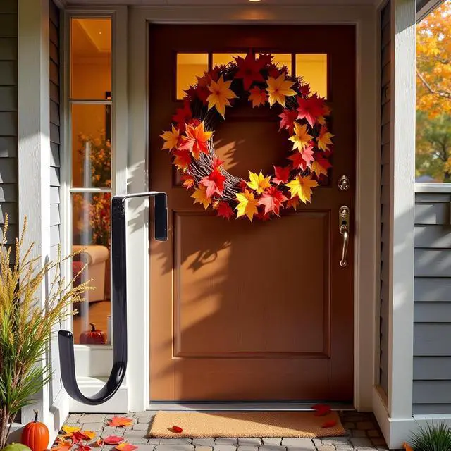 Alt view image 2 of 7 - Black Wreath Hanger - Strong Bearing Fall Wreath Christmas Halloween Decorations Carbon Steel Wreath Door Hook 5" Height Wreath Hangers, Front Door Metal Over The Door Single Hook, Home Décor