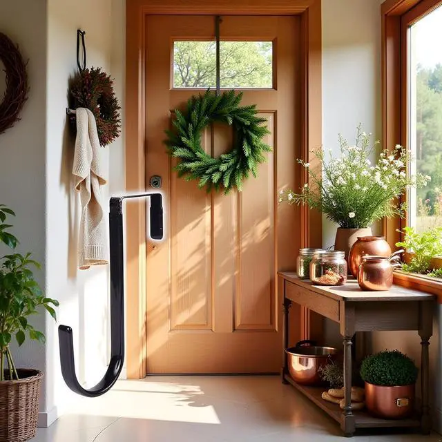 Alt view image 5 of 7 - Black Wreath Hanger - Strong Bearing Fall Wreath Christmas Halloween Decorations Carbon Steel Wreath Door Hook 5" Height Wreath Hangers, Front Door Metal Over The Door Single Hook, Home Décor