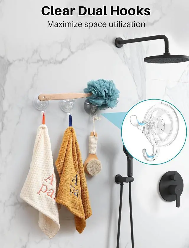 Alt view image 2 of 7 - AENTGIU Suction Cup Hooks, 5 Pack Shower Hooks with Adhesive Suction Tab Hold up to 11LB, Watertight Removable Strong Wreath Hanger for All Surfaces, Clear