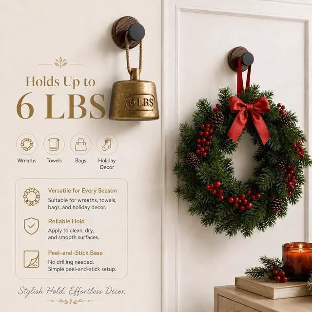 Alt view image 6 of 7 - 3 Pack Wreath Hangers for Front Door, Walnut Color Plastic Adhesive Hooks for Christmas, Fall, Spring Wreaths, Holiday Decor, Towels and Bags, Peel and Stick Hooks for Glass Tile Metal