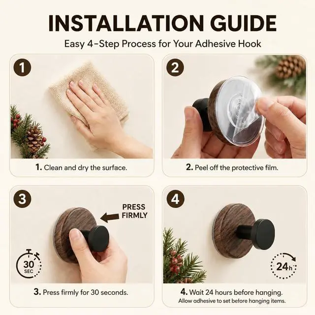 Alt view image 7 of 7 - 3 Pack Wreath Hangers for Front Door, Walnut Color Plastic Adhesive Hooks for Christmas, Fall, Spring Wreaths, Holiday Decor, Towels and Bags, Peel and Stick Hooks for Glass Tile Metal