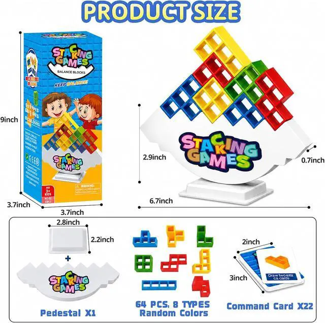 Alt view image 3 of 7 - 64Pcs Balance Stacking Blocks Game, Family Board Games for Kids & Adults