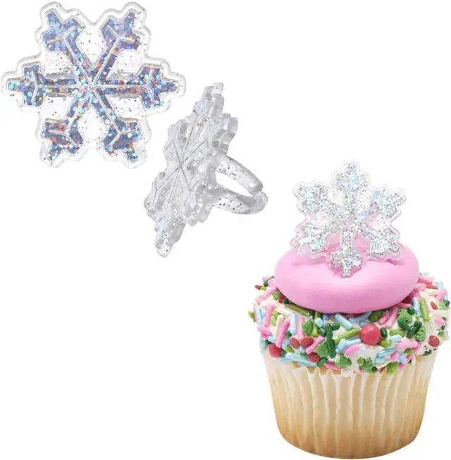 Main image of Holographic Glitter Snowflake Cupcake Rings - Set of 24