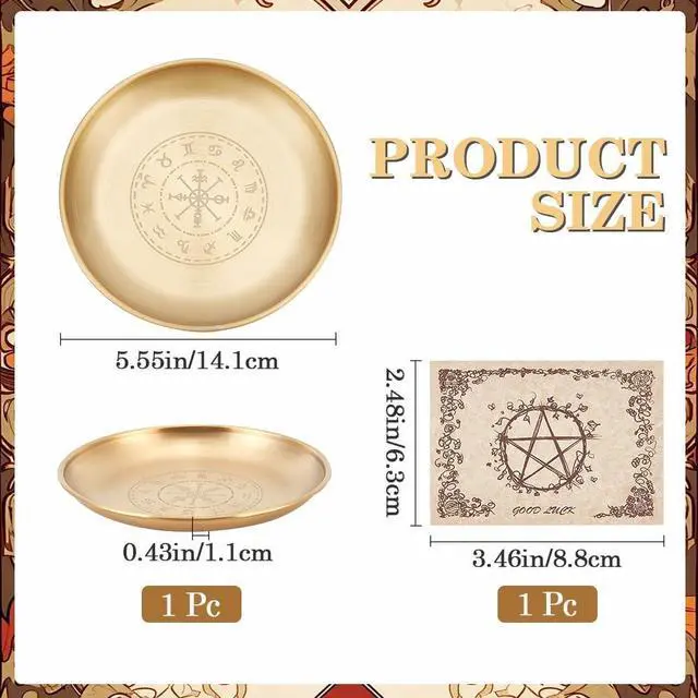 Alt view image 2 of 6 - CREATCABIN Viking Runes Altar Plate Tarot Plate Ritual Burning Candle Holder Bowls Offering Incense Burning Ceremony Plate with Altar Card Home Decor for Witchcraft Wiccan Wedding Golden 5.55 Inch