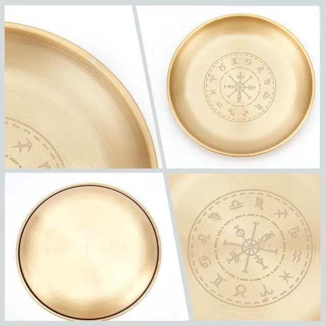 Alt view image 6 of 6 - CREATCABIN Viking Runes Altar Plate Tarot Plate Ritual Burning Candle Holder Bowls Offering Incense Burning Ceremony Plate with Altar Card Home Decor for Witchcraft Wiccan Wedding Golden 5.55 Inch