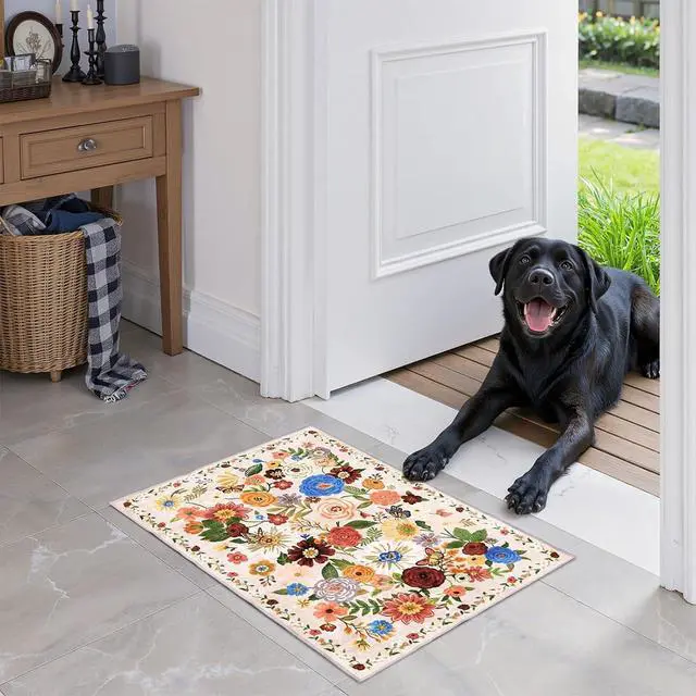 Alt view image 5 of 7 - 24x17 Inch Door Mat Indoor Entrance,Floral Area Rug Non Slip Beige