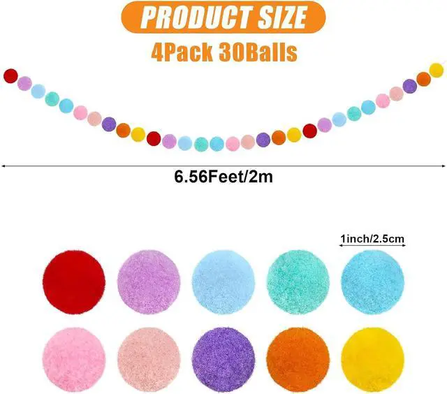 Alt view image 2 of 7 - 4 Pack 26.3 Feet Colorful Pom Pom Garland Decorations, 30 Balls Rainbow Felt Ball Garland (Colorful)