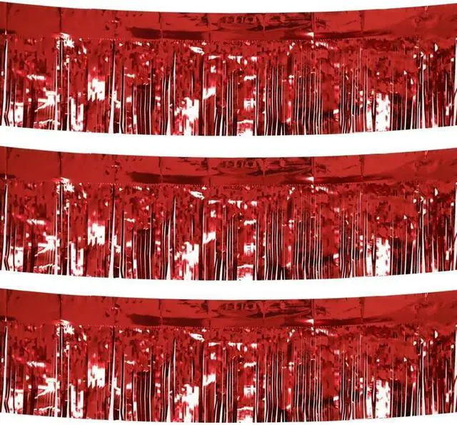 Main image of 3 Pack Total 30 Feet Foil Fringe Garland Metallic Wall Hanging Drapes Tassel Skirting Tinsel Streamers Decorations for Parade Float Trailer Mardi Gras Party Birthday Wedding (Red)
