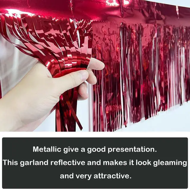 Alt view image 2 of 7 - 3 Pack Total 30 Feet Foil Fringe Garland Metallic Wall Hanging Drapes Tassel Skirting Tinsel Streamers Decorations for Parade Float Trailer Mardi Gras Party Birthday Wedding (Red)