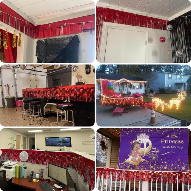Alt view image 4 of 7 - 3 Pack Total 30 Feet Foil Fringe Garland Metallic Wall Hanging Drapes Tassel Skirting Tinsel Streamers Decorations for Parade Float Trailer Mardi Gras Party Birthday Wedding (Red)