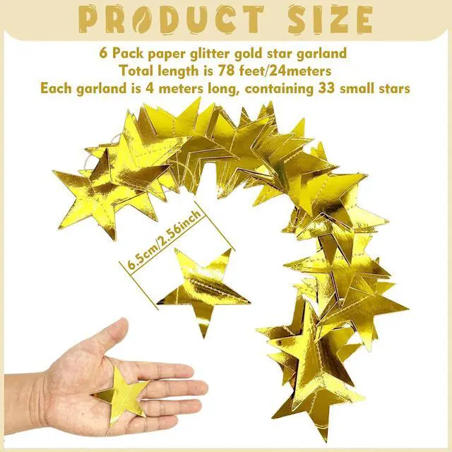 Alt view image 3 of 7 - 6PCS Gold Star Garland Decorations - 78 Feet Double Side Hanging Stars Decorations for Ceiling, Paper Star Garland Gold Star Streamers for Birthday Wedding Engagement Homecoming Classroom Party