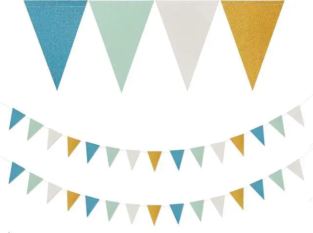 Main image of Teal-Blue Mint Ivory-Gold Party-Decorations Banner,2 Pack Glitter Paper Triangle Pennant Flags Streamers,Birthday Wedding Engagement Bridal Baby Shower Bachelorette Decor Bunting Lasting Surprise
