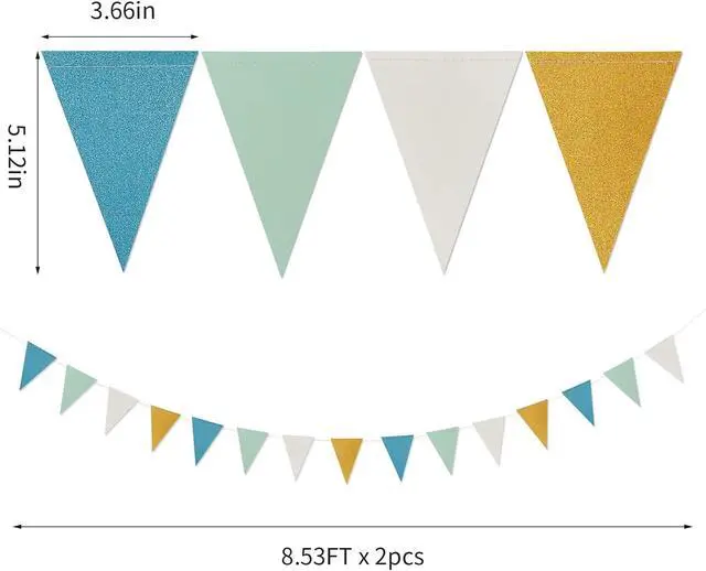 Alt view image 2 of 6 - Teal-Blue Mint Ivory-Gold Party-Decorations Banner,2 Pack Glitter Paper Triangle Pennant Flags Streamers,Birthday Wedding Engagement Bridal Baby Shower Bachelorette Decor Bunting Lasting Surprise