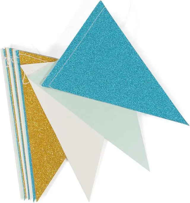 Alt view image 3 of 6 - Teal-Blue Mint Ivory-Gold Party-Decorations Banner,2 Pack Glitter Paper Triangle Pennant Flags Streamers,Birthday Wedding Engagement Bridal Baby Shower Bachelorette Decor Bunting Lasting Surprise