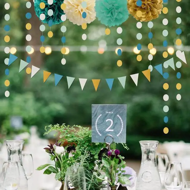Alt view image 4 of 6 - Teal-Blue Mint Ivory-Gold Party-Decorations Banner,2 Pack Glitter Paper Triangle Pennant Flags Streamers,Birthday Wedding Engagement Bridal Baby Shower Bachelorette Decor Bunting Lasting Surprise