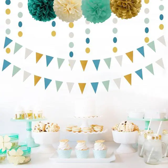 Alt view image 5 of 6 - Teal-Blue Mint Ivory-Gold Party-Decorations Banner,2 Pack Glitter Paper Triangle Pennant Flags Streamers,Birthday Wedding Engagement Bridal Baby Shower Bachelorette Decor Bunting Lasting Surprise