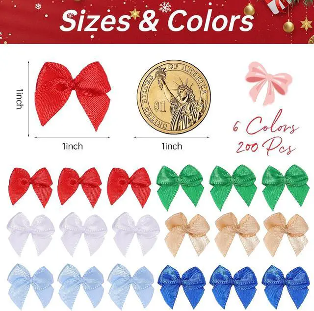 Alt view image 2 of 7 - 200Pcs 1" Mini Satin Ribbon BowsColorful Small Fabric Bow for CraftsSatin Ribbon Tiny Bow for Clothes Ornament,Cute Accessories DIY Embellishments for Gifts,Party,Cake