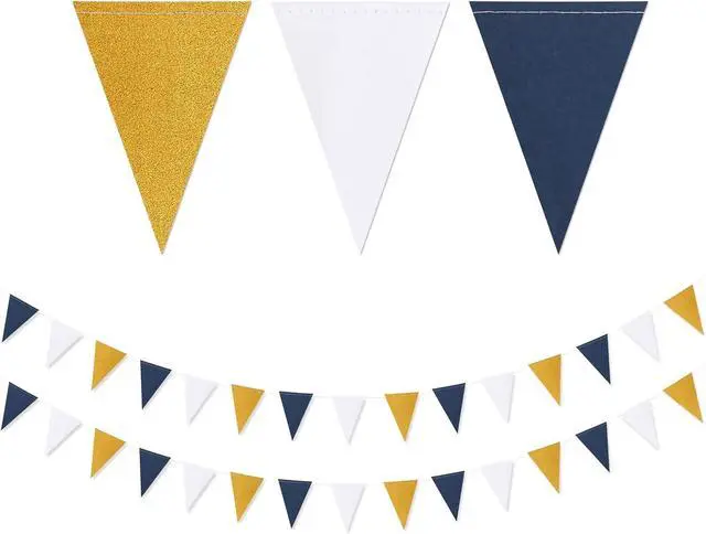 Main image of Navy-Blue White-Gold Party Decorations Banner - 2 Pack Men Birthday Graduation 2026 Glitter Sprinkles Paper Pennant Triangle Flags, Fathers Day Wedding Baby Bridal Shower Bunting Lasting Surprise