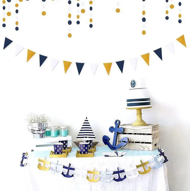 Alt view image 2 of 7 - Navy-Blue White-Gold Party Decorations Banner - 2 Pack Men Birthday Graduation 2026 Glitter Sprinkles Paper Pennant Triangle Flags, Fathers Day Wedding Baby Bridal Shower Bunting Lasting Surprise