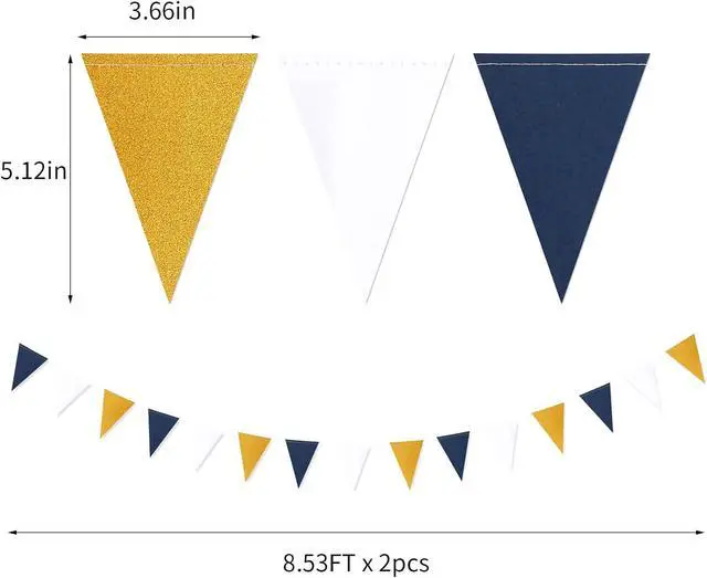 Alt view image 3 of 7 - Navy-Blue White-Gold Party Decorations Banner - 2 Pack Men Birthday Graduation 2026 Glitter Sprinkles Paper Pennant Triangle Flags, Fathers Day Wedding Baby Bridal Shower Bunting Lasting Surprise