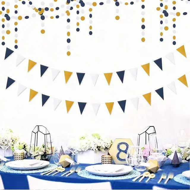 Alt view image 4 of 7 - Navy-Blue White-Gold Party Decorations Banner - 2 Pack Men Birthday Graduation 2026 Glitter Sprinkles Paper Pennant Triangle Flags, Fathers Day Wedding Baby Bridal Shower Bunting Lasting Surprise