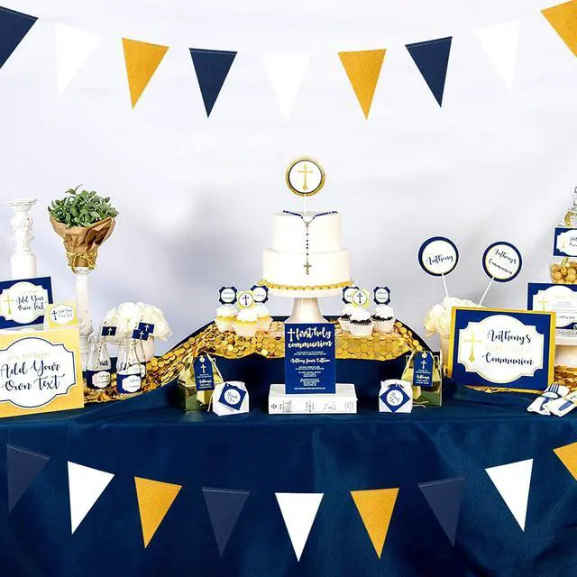 Alt view image 6 of 7 - Navy-Blue White-Gold Party Decorations Banner - 2 Pack Men Birthday Graduation 2026 Glitter Sprinkles Paper Pennant Triangle Flags, Fathers Day Wedding Baby Bridal Shower Bunting Lasting Surprise