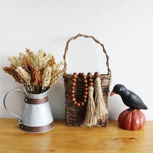 Alt view image 3 of 7 - CVHOMEDECO. Wood Grain Beads Garland with Tassels Farmhouse Rustic Wooden Prayer Bead String Wall Hanging Accent for Home Festival Decor. Dark Tan