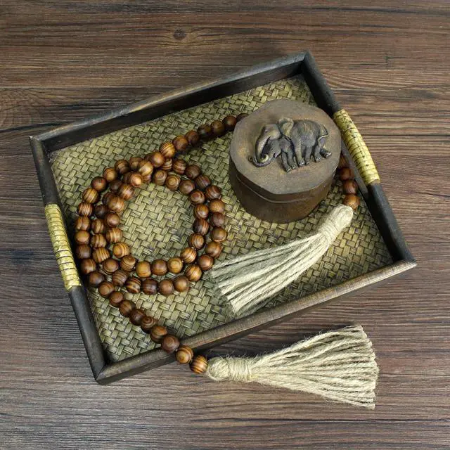Alt view image 7 of 7 - CVHOMEDECO. Wood Grain Beads Garland with Tassels Farmhouse Rustic Wooden Prayer Bead String Wall Hanging Accent for Home Festival Decor. Dark Tan