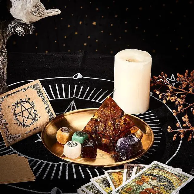 Alt view image 4 of 6 - CREATCABIN Viking Runes Altar Plate Tarot Plate Ritual Burning Candle Holder Bowls Offering Incense Burning Ceremony Plate with Altar Card Home Decor for Witchcraft Wiccan Wedding Golden 5.55 Inch