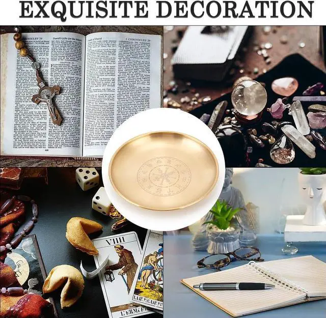 Alt view image 5 of 6 - CREATCABIN Viking Runes Altar Plate Tarot Plate Ritual Burning Candle Holder Bowls Offering Incense Burning Ceremony Plate with Altar Card Home Decor for Witchcraft Wiccan Wedding Golden 5.55 Inch