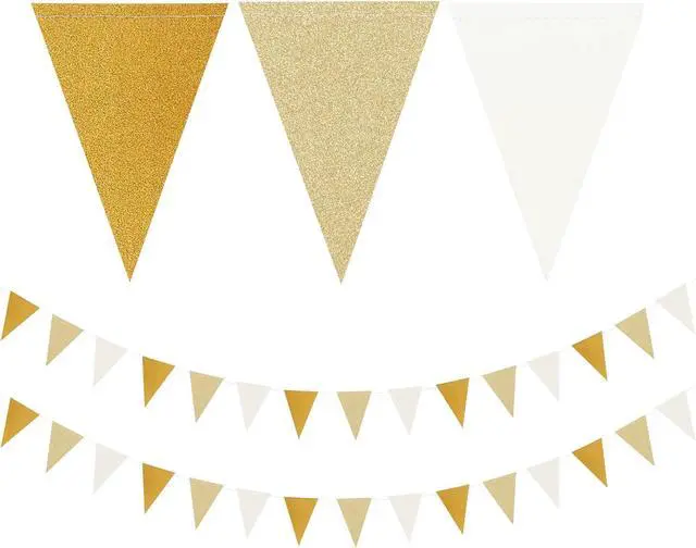 Main image of White-Gold Champagne Party-Decorations Banner,2 Pack Christmas Wedding Engagement Hanging Paper Triangle Pennant Flags Streamers,Bachelorette Neutral Baby Bridal Shower Supplies Decor Lasting Surprise