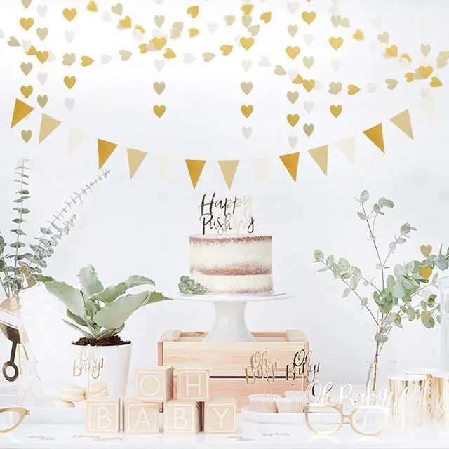 Alt view image 3 of 7 - White-Gold Champagne Party-Decorations Banner,2 Pack Christmas Wedding Engagement Hanging Paper Triangle Pennant Flags Streamers,Bachelorette Neutral Baby Bridal Shower Supplies Decor Lasting Surprise
