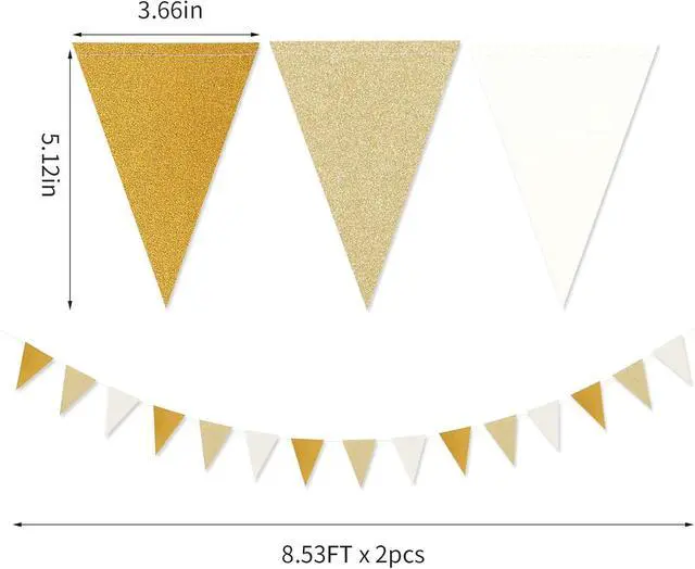 Alt view image 2 of 7 - White-Gold Champagne Party-Decorations Banner,2 Pack Christmas Wedding Engagement Hanging Paper Triangle Pennant Flags Streamers,Bachelorette Neutral Baby Bridal Shower Supplies Decor Lasting Surprise