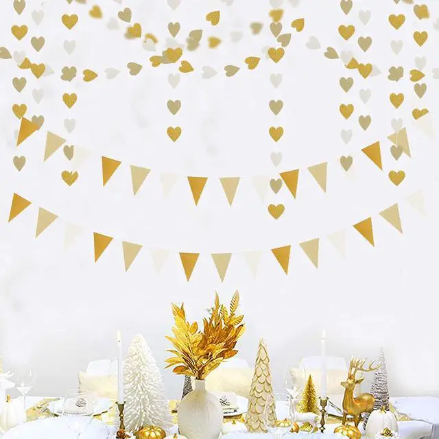 Alt view image 6 of 7 - White-Gold Champagne Party-Decorations Banner,2 Pack Christmas Wedding Engagement Hanging Paper Triangle Pennant Flags Streamers,Bachelorette Neutral Baby Bridal Shower Supplies Decor Lasting Surprise