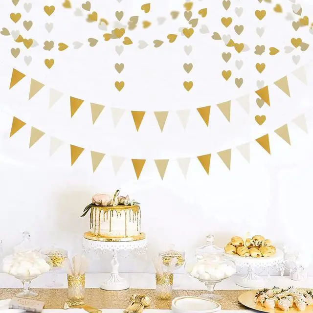 Alt view image 5 of 7 - White-Gold Champagne Party-Decorations Banner,2 Pack Christmas Wedding Engagement Hanging Paper Triangle Pennant Flags Streamers,Bachelorette Neutral Baby Bridal Shower Supplies Decor Lasting Surprise