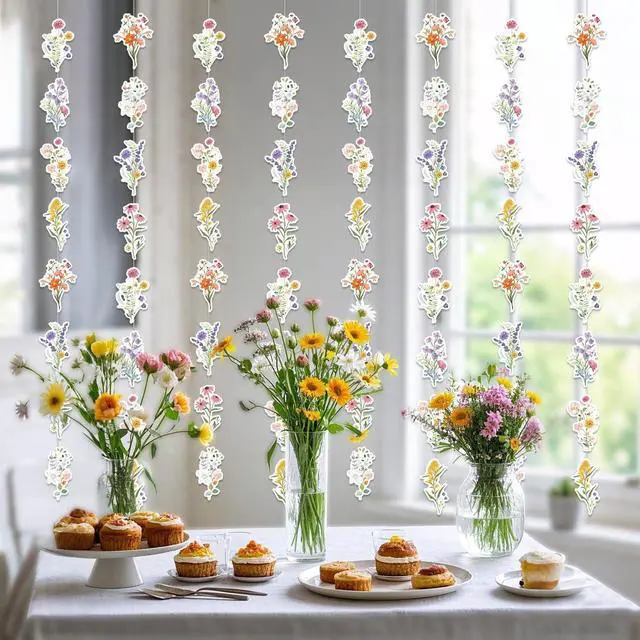 Alt view image 3 of 6 - 8 Packs Wildflower Paper Hanging Garland Birthday Decorations, Flower Party Baby Bridal Shower Floral Birthday Decor for Girls Women, Spring Summer Wedding Ceiling Decoration