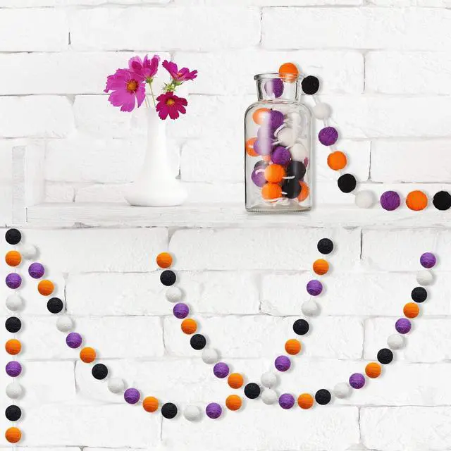 Alt view image 4 of 6 - WILLBOND 2 Pieces Felt Pom Ball Garland,Orange, White, Black, Purple