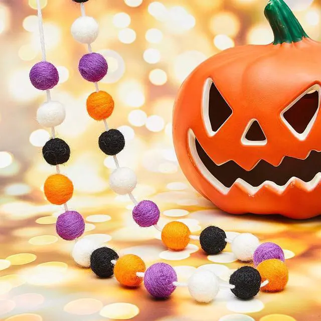 Alt view image 3 of 6 - WILLBOND 2 Pieces Felt Pom Ball Garland,Orange, White, Black, Purple