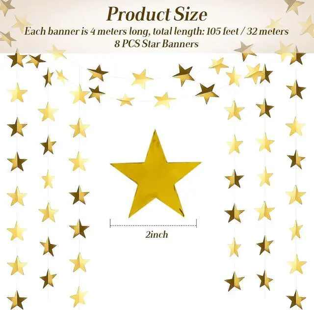 Alt view image 2 of 6 - RAINFLOW 104 Ft Gold Star Garland - 8PCS Glitter Hanging Stars Banner Decor