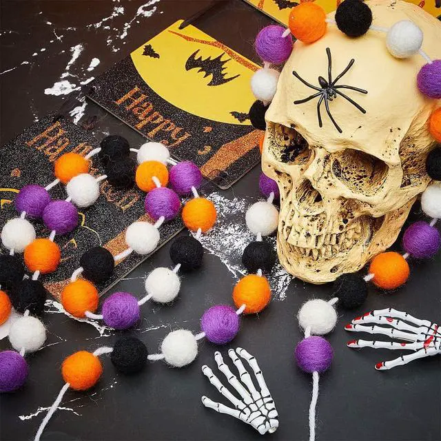 Alt view image 6 of 6 - WILLBOND 2 Pieces Felt Pom Ball Garland,Orange, White, Black, Purple