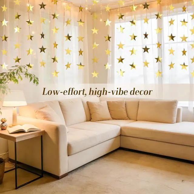 Alt view image 3 of 6 - RAINFLOW 104 Ft Gold Star Garland - 8PCS Glitter Hanging Stars Banner Decor