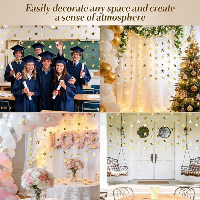 Alt view image 4 of 6 - RAINFLOW 104 Ft Gold Star Garland - 8PCS Glitter Hanging Stars Banner Decor