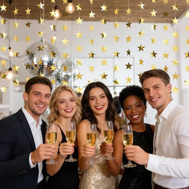 Alt view image 6 of 6 - RAINFLOW 104 Ft Gold Star Garland - 8PCS Glitter Hanging Stars Banner Decor