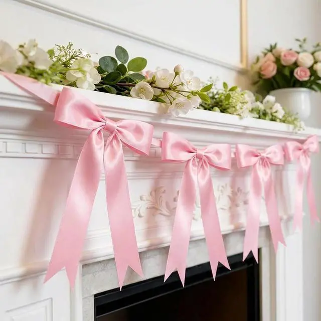 Main image of 2 Pcs Pink Bow Garland Banner, Pre-Strung Pink Satin Ribbon Bow Garland