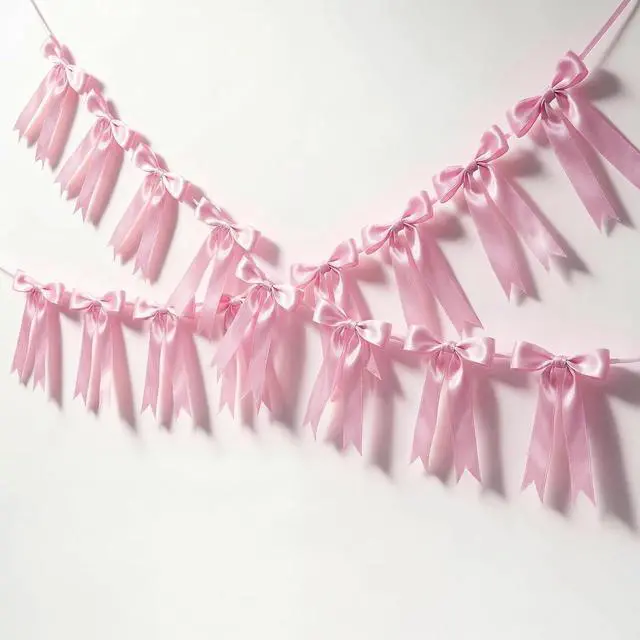 Alt view image 2 of 7 - 2 Pcs Pink Bow Garland Banner, Pre-Strung Pink Satin Ribbon Bow Garland