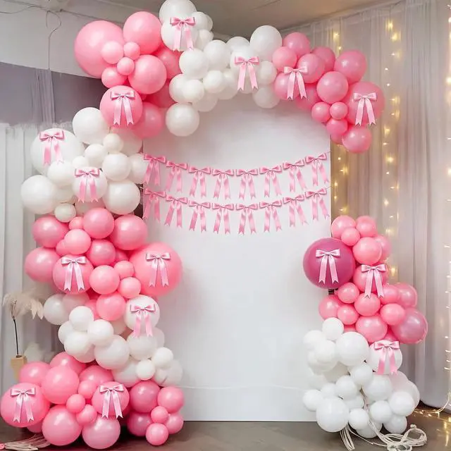 Alt view image 3 of 7 - 2 Pcs Pink Bow Garland Banner, Pre-Strung Pink Satin Ribbon Bow Garland