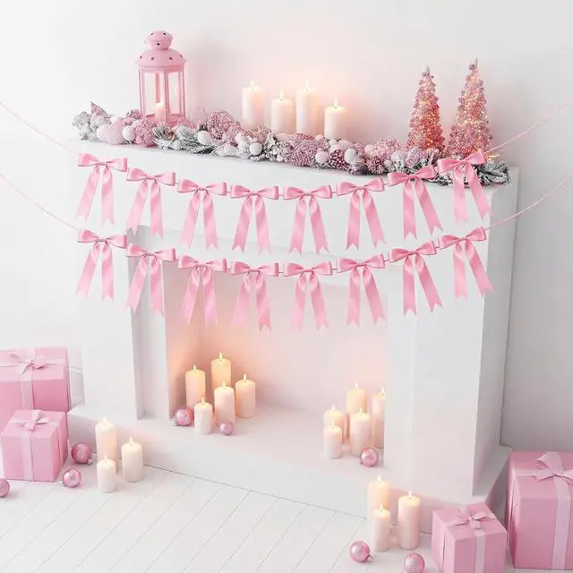 Alt view image 4 of 7 - 2 Pcs Pink Bow Garland Banner, Pre-Strung Pink Satin Ribbon Bow Garland