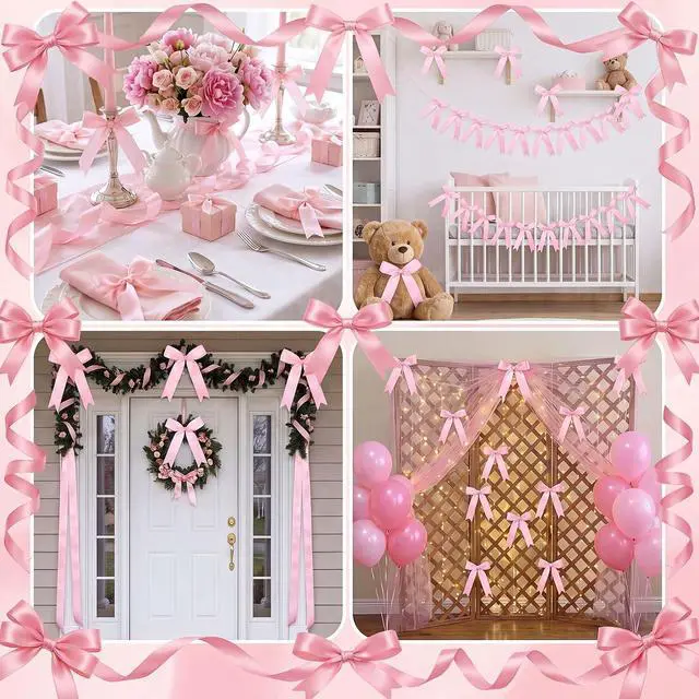 Alt view image 5 of 7 - 2 Pcs Pink Bow Garland Banner, Pre-Strung Pink Satin Ribbon Bow Garland