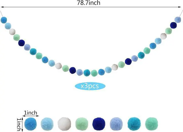 Alt view image 2 of 5 - 3PCS Blue Pom Pom Garland 6.5 Feet Long with 30 Balls for Party Home Decoration